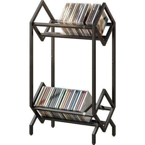 CD-Regal 50, 2-stöckiges Metall-Schallplattenregal für DVDs, Bücher, Alben, Schwarz
