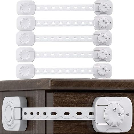 The 5-piece set includes a baby safety door stop, a clear drawer latch, and a refrigerator/cabinet window safety device.