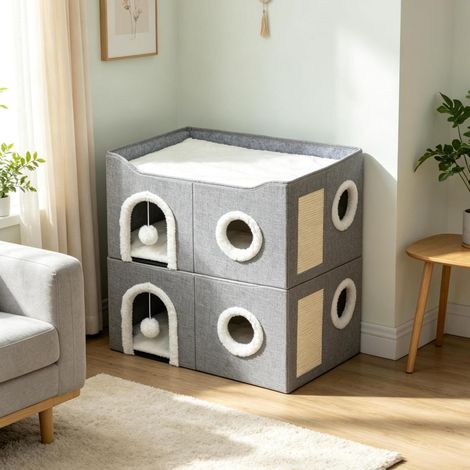 Maison pour chat pliable 60x40x34 cm en MDF et sisal, grise, avec griffoir pour intérieur compact (1/5)