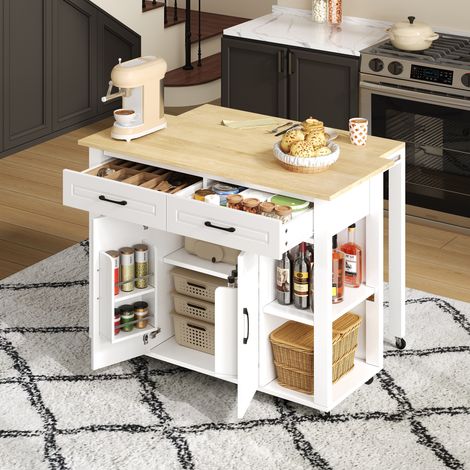 Desserte de cuisine 120 cm – Îlot de cuisine mobile extensible, avec bar et prises électriques, 2 tiroirs et 2 portes avec étagères – Blanc