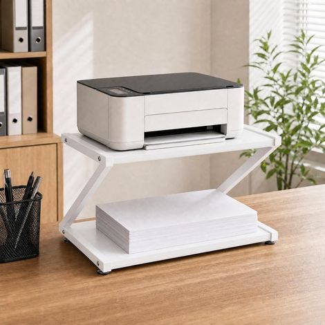 H.J WeDoo Étagère pour imprimante à 2 Niveaux, Support en Forme de Z — Étagère de Bureau pour classeurs, Livres, fax, scanners, Bureau à Domicile — 44 × 28 × 29 cm, Blanc (1/5)