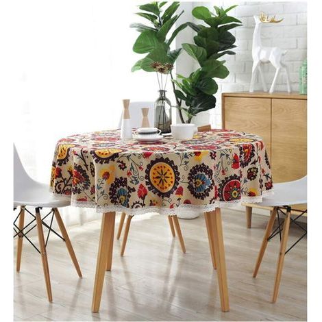 Nappes en Coton Nappe de Coton Lin Sun Flower Table Cloth Lace Cover de Table Polyvalent intérieur et extérieur (Diamètre 150cm, Fleur du Soleil)