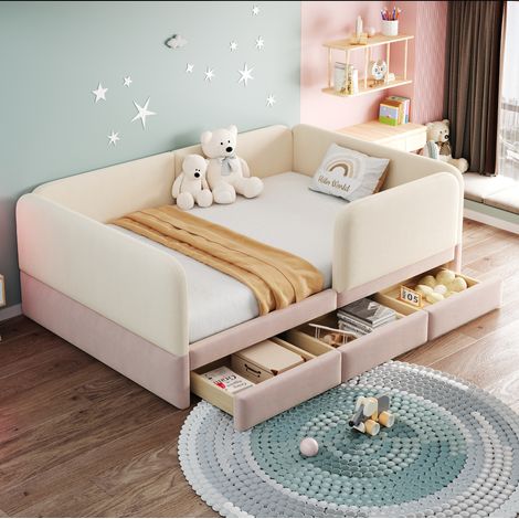 Lit coffre enfant 140x200 cm avec 3 tiroirs de rangement, contour sécurisé rembourré, velours beige et rose (1/5)