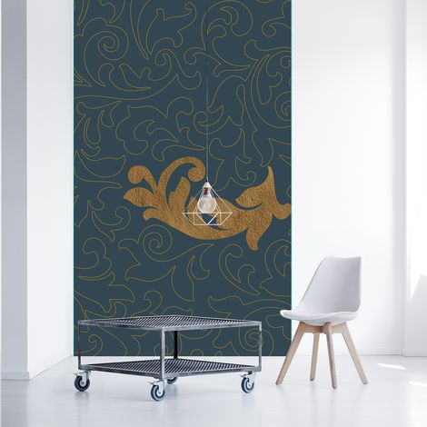 Papier peint intissé panoramique 250 cm X 150 cm, motifs décoratifs, bleu et or, arabesque floral, décoration intérieure. (1/2)