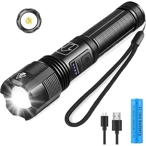 Lampes Torches LED XHP50 3000 Lumens - Pile 18650 Rechargeable 3800mAh - Zoom/Étanche/5 Modes - pour Camping, Randonnée, Urgences