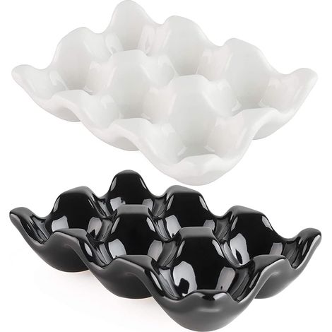 (Noir et blanc) Lot de 2 supports en œufs, 6 tasses, récipient en porcelaine, rangement d'œufs, plateau en céramique (1/4)