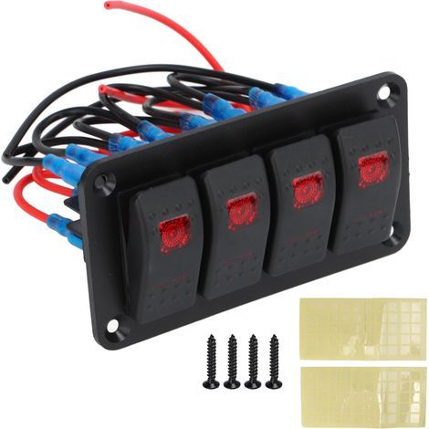 Panneau D'interrupteurs à Bascule, 4 Gangs, LED Rouge, Interrupteur à Bascule précâblé avec Autocollants pour Bateau Automobile 12V 20A 24V 10A. (1/5)
