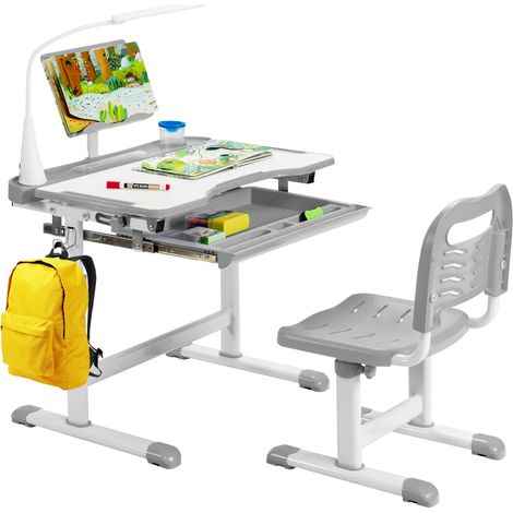 Bureau Enfants avec Chaise, Réglable en Hauteur, Éclairage LED, Plateau Inclinable, Gris (1/5)