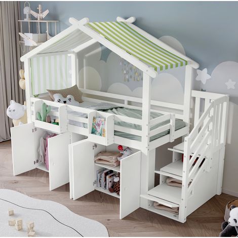 Letto a castello per bambini 90 x 200 cm con scala contenitore, design tetto, bianco verde HAVRYA (1/5)