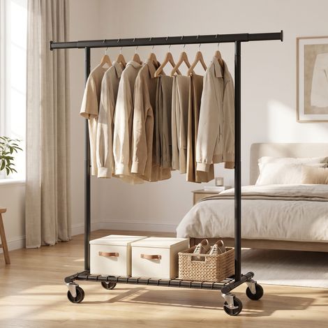 Portant à Vêtement Solide 180 kg sur Roulettes Extensible avec Étagère (92-132) x 45 x 161,5 cm Noir (1/5)