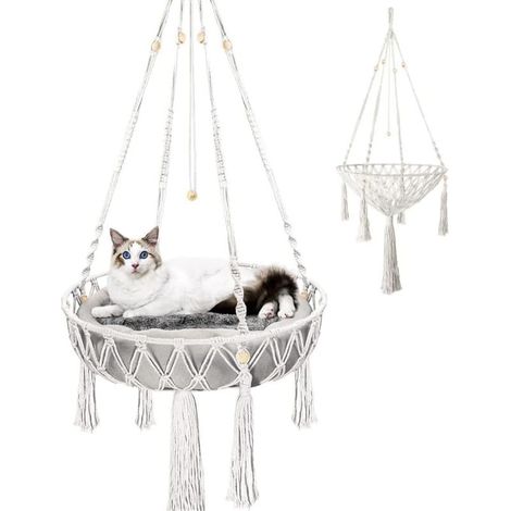 Balançoire pour chat hamac rond suspendu en macramé avec pompons, 1 pièce, blanc, adapté pour intérieur et extérieur (1/5)