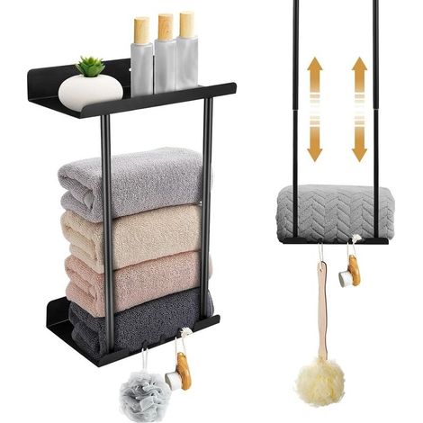 Porte-serviettes réglable en hauteur avec étagère et crochet, 38-75 cm, sans perçage, noir (1/5)
