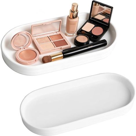 Stück Badezimmer Tablett Keramik, 20x9x2 cm Oval Deko Tablett Weiß, Kosmetiktablett Dekotablett Kosmetik Kleines Tablett für Schminktische Küchen Esszimmer Badezimmer Deko (1/5)