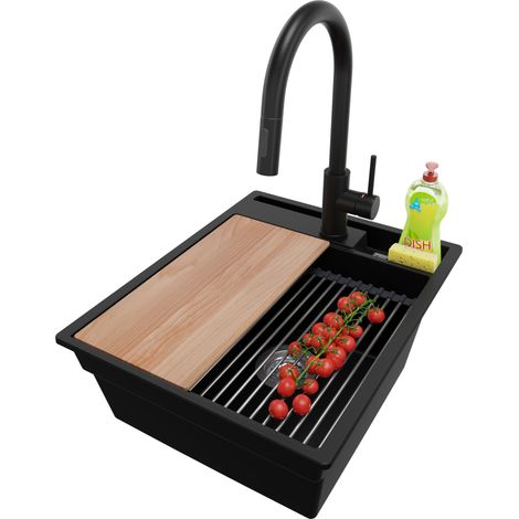 PRIMAGRAN Evier Cuisine en Granit 43x53cm, Lavabo 1 bac + Robinet 40x20cm + Kit de Vidage + Accessoires, Évier à Encastrer au meuble 45cm - Oslo Pocket, Noir (1/5)