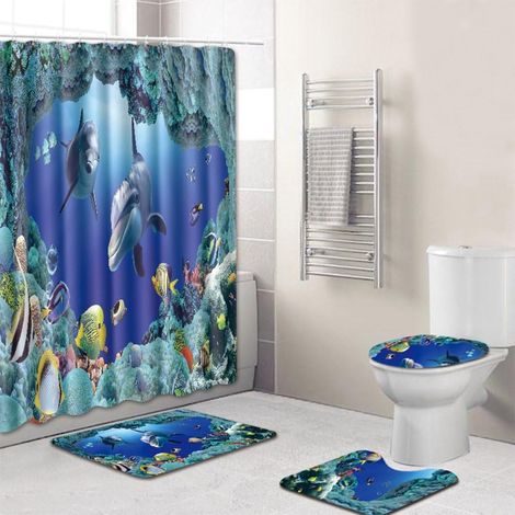 180 x 180 cm, 4-teiliges Duschvorhang- und Badematten-Set mit Delfinmotiv