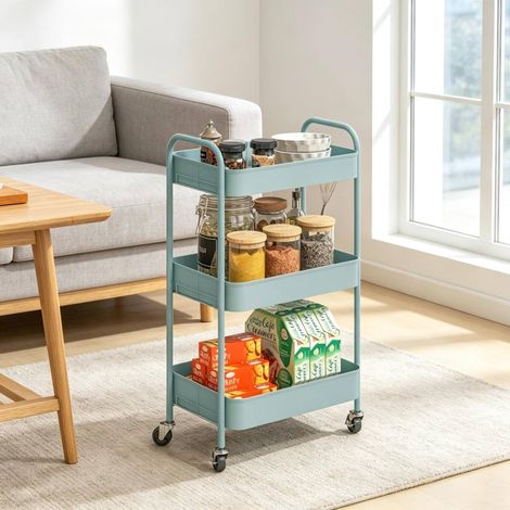 Carrito auxiliar con ruedas 45x30,6x79 cm de acero azul claro, 3 niveles - MEUBLIV (1/5)