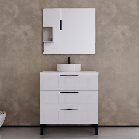 Meuble de salle de bain 80cm avec plateau et vasque à poser ronde - 3 tiroirs - blanc - CALA (1/5)