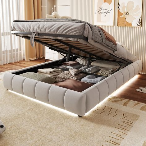 Polsterbett 140x200 cm mit Stauraum und LED-Lichtleiste, Hydraulisches Schwebebett ohne Kopfteil, Einzelbett aus Samtstoff Beige (1/5)
