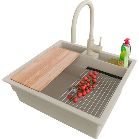 PRIMAGRAN Evier Cuisine en Granit 56x54cm,Lavabo 1 bac + Robinet 38x14cm + Kit de Vidage + Accessoires, Évier à Encastrer au meuble 60cm - Bergen Pocket, Beige (1/5)