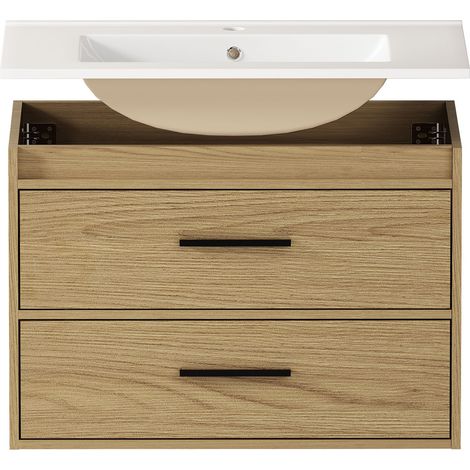 Mobile bagno 75 cm rovere chiaro con lavabo in ceramica e 2 cassetti (1/5)