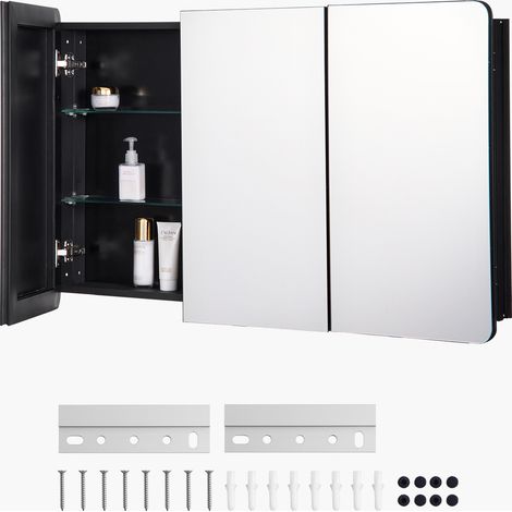 VEVOR Armadietto per Medicinali 1017 x 647 mm Armadietto per Medicinali a Specchio, 3 Ante a Specchio, Ripiani in Vetro Regolabili, Installazione a Incasso e a Parete, Telaio Alluminio di Alta Qualita