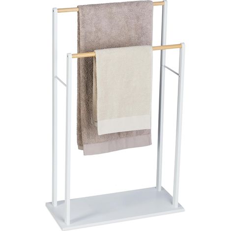 Porte-Serviettes, 2 Barres, MDF & Bambou, HxLxP: 91,5 x 57 x 25 cm, Non Fixe, Salle de Bain, Blanc-Nature (1/5)