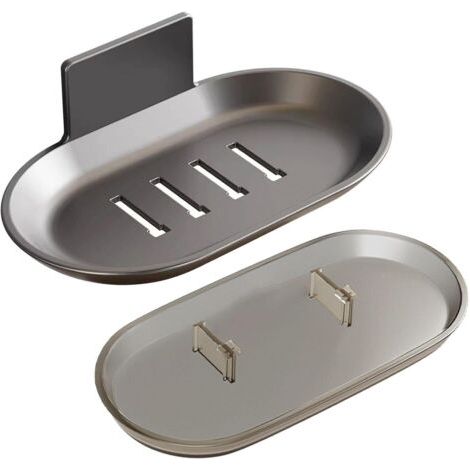 QORVA-Porte-savon autocollant, sans perçage, fixation murale avec bac de récupération d'eau, sans perçage, porte-savon noir, porte-savon de salle de bain (1/3)