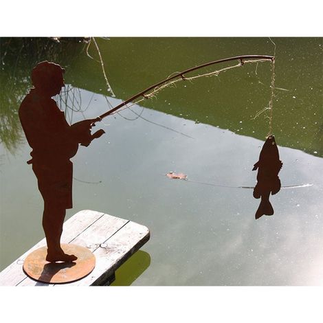 Figurine Décorative Pêcheur en Métal Aspect Rouille Décoration Jardin et Bassin 60 cm - PANGIVO