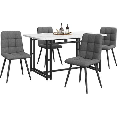 Table noire 140×80cm MDF, pieds métal noirs, chaises lin gris foncé