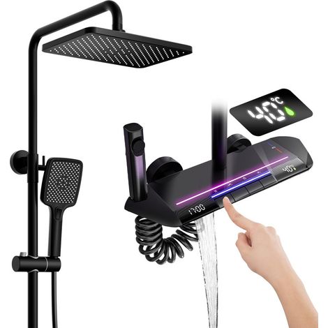 Columna Ducha Negro Termostatica LED Pantalla Digital Grifo De Ducha Con Tecla De Piano Sistema De Ducha Con Rociador Ducha, Ducha De Mano, Ducha Bidé, Grifo De Bañera, Montada En La Pared, Negro