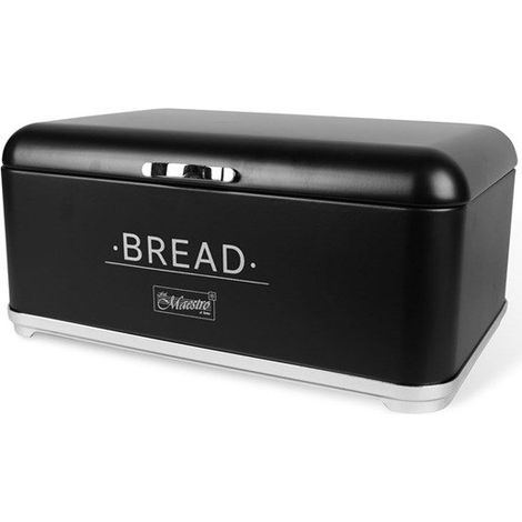 Maestro MR1677‑AR‑BL - Panera retro de acero  fiambrera con tapa y texto  Panera grande en diseño vintage para una elegante organización de la cocina (negro/plata)