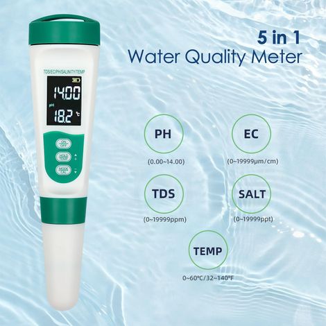 Misuratore elettronico di pH, kit tester per piscina 5 in 1, tester ricaricabile di pH/TDS/EC/salinità/temperatura, display retroilluminato VA, tester di sale per piscina, per acqua potabile, acquario (1/4)