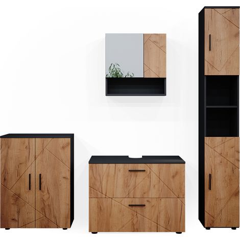 Badmöbel-Set Irma, Goldkraft Eiche/Anthrazit, 4 Teile, mit Schubladenschrank und Midischrank, Vicco