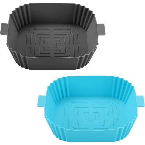 Friteuse à air comprimé en silicone - Panier en silicone réutilisable pour friteuse à air comprimé - Plaque de cuisson en silicone pour four à micro-ondes - Accessoires de four (bleu + gris) (1/4)