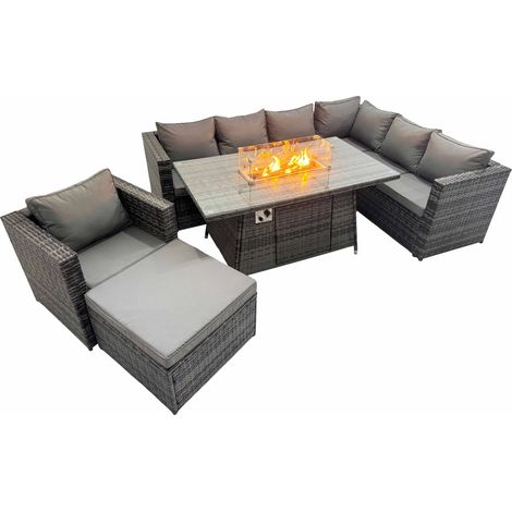 Fimous Garden Rattan Furniture Set 8 Seater Outdoor Corner Sofa Chair Gas Firepit Dining Table Set with Big Stool Dark Grey (1/5)
