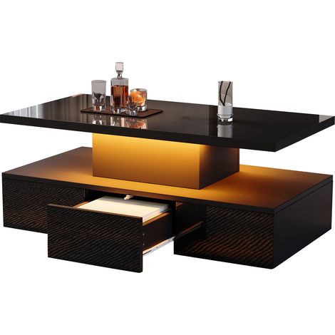 Table basse à deux niveaux pour salon avec LED 16 couleurs, table brillante avec étagère ouverte et 1 tiroir coulissant, petite table rectangulaire, noir