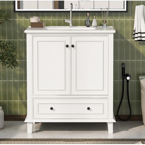 Meuble vasque 76x46x87 cm en MDF blanc avec lavabo céramique, rangement intégré – MEUBLIV (1/5)