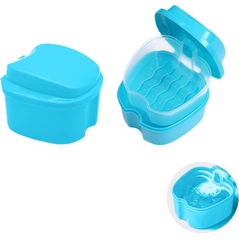 Boîte de Rangement pour Prothèses Dentaires - 2 Pièces, Boîte avec Filtre pour Nettoyage de Dentier, Orthodontie, Brosse à Dents Pliable et Accessoires Buccaux (Bleu clair 9.5  9.3  6.8 cm)