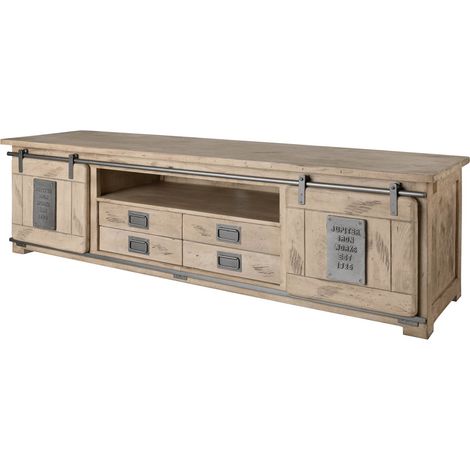 Massivmoebel24 – Meuble TV 200x55 cm en manguier laqué blanchi – Style industriel RAILWAY – Ambiance vintage unique – Éléments en métal