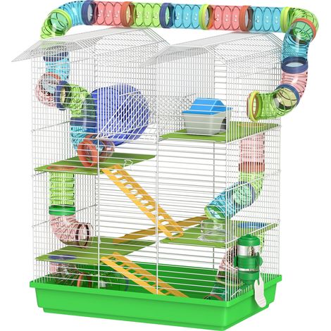 PawHut Gabbia per Criceti e Roditori a 5 Piani con Tubi Colorati Verde