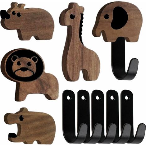 Lot de 5 patères murales en forme d'animaux, avec vis, crochets élargis noirs pour chambre, salle de bain et dressing.