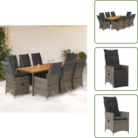 The Living Store Ensemble à manger de jardin 9 pcs coussins gris résine tressée - Fauteuil jardin (1/5)