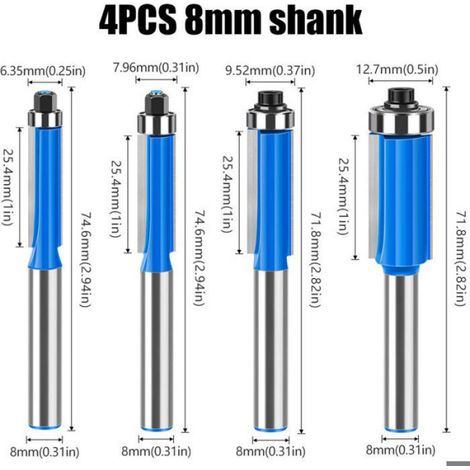 4 Pcs Set Fraise Defonceuse 8mm Tige, Fraise a Copier a Bois, Fraises pour Défonceuses avec Roulement Supérieur Fraise pour Affleur (1/5)