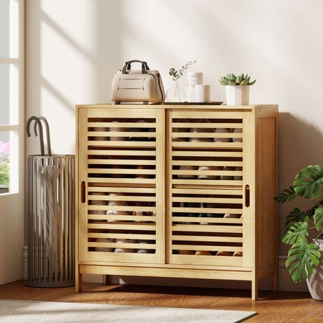 Meuble à Chaussures Bambou 16 Paires, 2 Portes Coulissantes, Étagères Réglables, Bois Naturel (1/5)