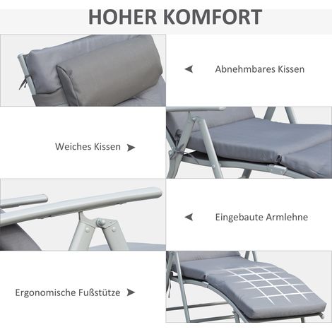 Sonnenliege Strandliege Gartenliege klappbar verstellbar mit Kissen Garten Metall Stoff Grau 137 x 63,5 x 100,5 cm