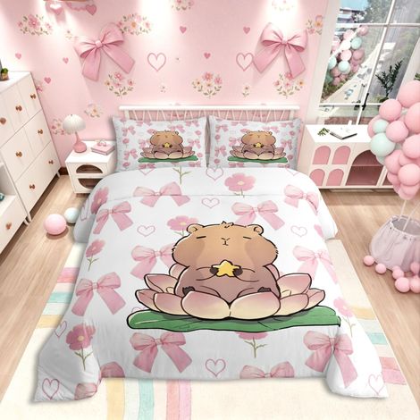 Parure de lit avec nœud papillon 135 x 200 cm Joli capibara en position lotus Avec housse de couette Motif animaux Kawaii garçons et enfants Rose (1/5)