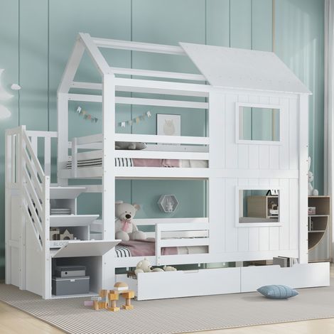 Letto a castello bambini 90x200 cm con tetto e finestre, scala contenitore, 2 cassetti, rete a doghe, bianco (1/5)