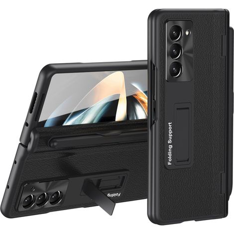 Funda para Samsung Galaxy Z Fold 5 5G, con soporte, cristal y lápiz óptico, piel, negra (1/5)
