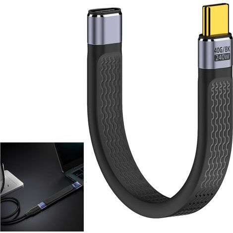 USB C 4.0 Court 40 Gbps Câble D'extension, 240w, 8k@60Hz, Mâle Vers Femelle, Câble Plat Type C 48V 5A Audio Vidéo, Câble USB-C pour Téléphone Thunderbolt 3/4 Type C, Ordinateur Portable (1/5)