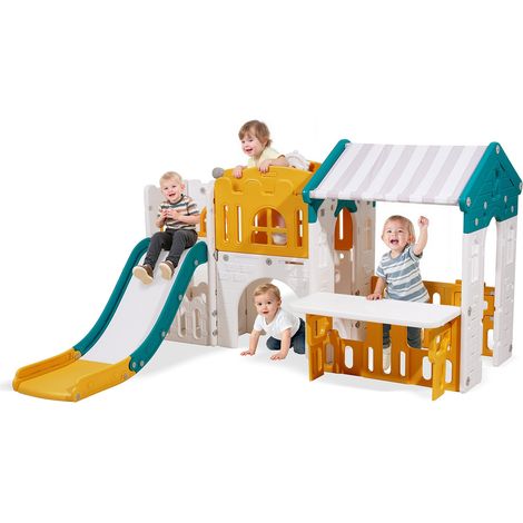 Maisonnette pour Enfants, Maison de Jeu Extérieur pour Tout-petits à Partir de 1 an, Cabine de Jardin pour Enfants avec Toboggan, Ballon de Basket, Télescope, Volant, Tunnel Rampant, Vitrine (1/5)